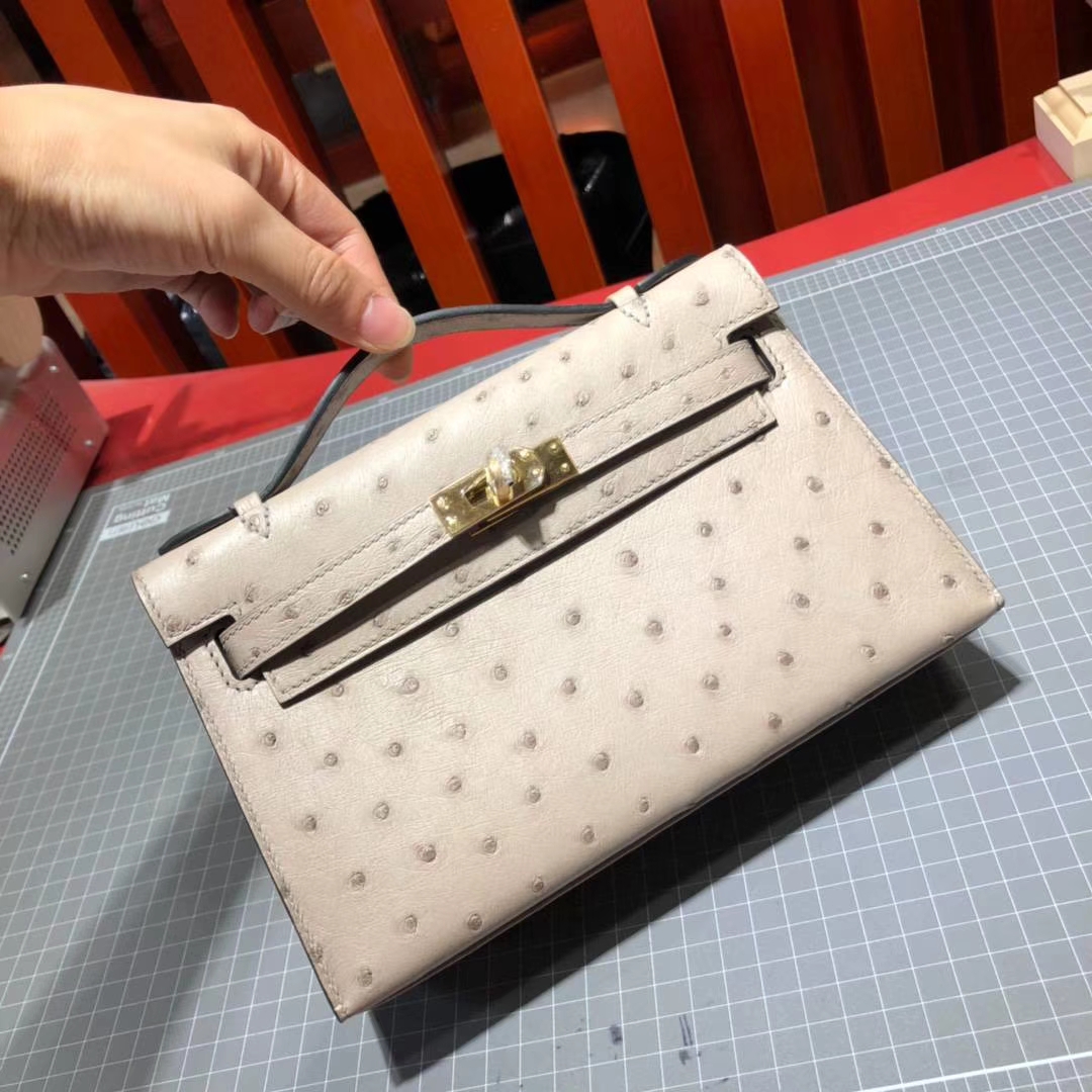 Hermes Minikelly Pochette22cm 爱马仕冰川灰顶级鸵鸟皮迷你凯莉包 金扣