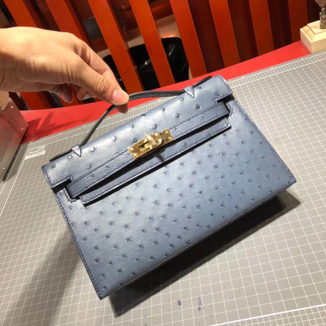 爱马仕Minikelly手包  Hermes风暴蓝顶级鸵鸟皮迷你凯莉包22cm 金扣