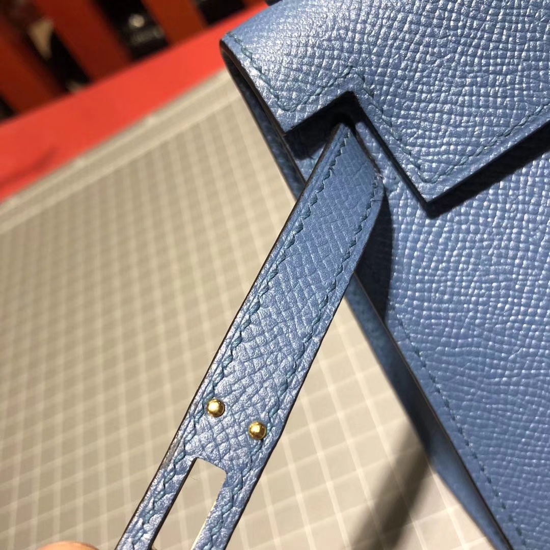 Hermes Minikelly2代 爱马仕玛瑙蓝顶级掌纹牛皮迷你凯莉包2代 金扣