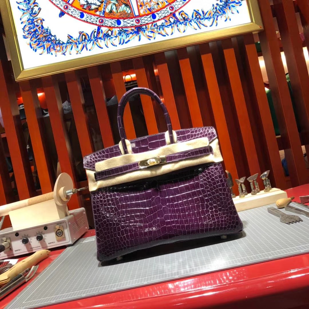 爱马仕Birkin30铂金包 Hermes亮面倒V湾鳄鱼皮 3W葡萄紫 金扣