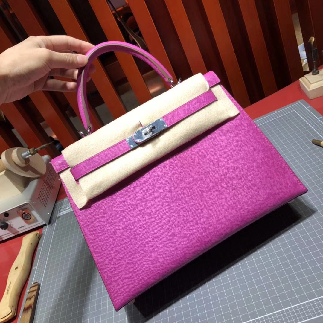 Hermes Kelly28CM 爱马仕玉兰紫原厂Epsom牛皮凯莉包 银扣