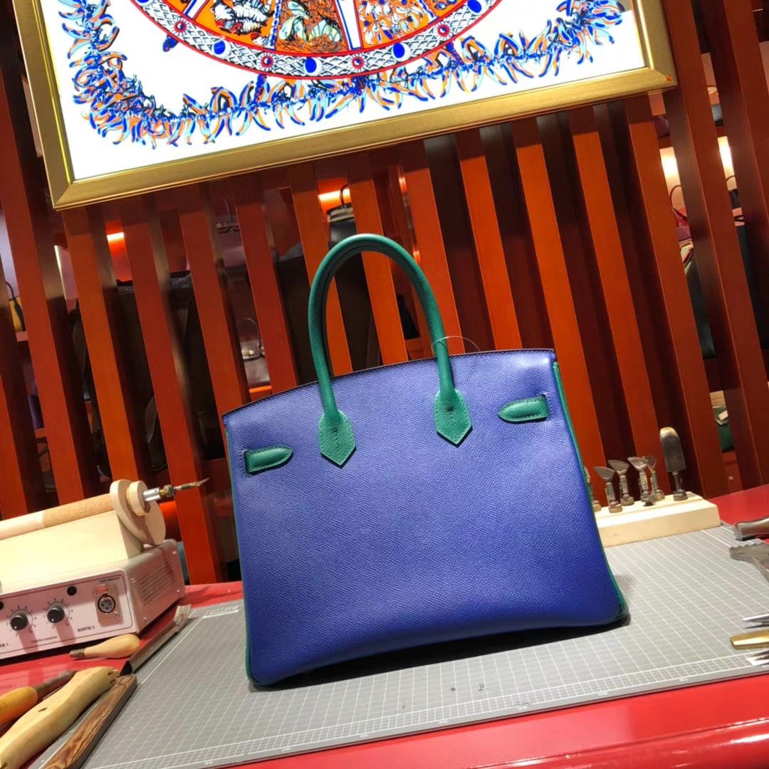 Hermes Birkin30CM 爱马仕希腊蓝拼丝绒绿手掌纹牛皮铂金包 金扣