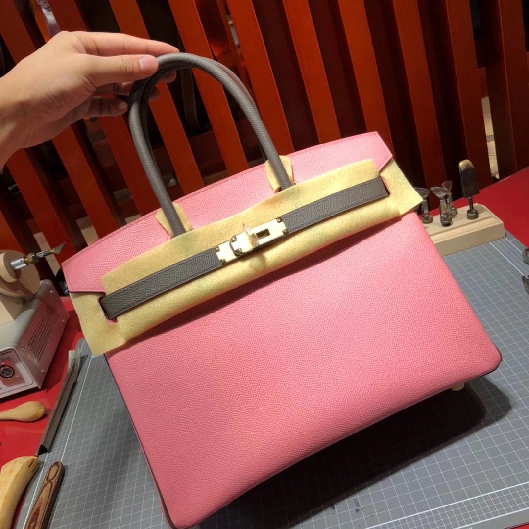 爱马仕拼色铂金包 Hermes Birkin30CM 奶昔粉拼铁灰色Epsom牛皮 金扣