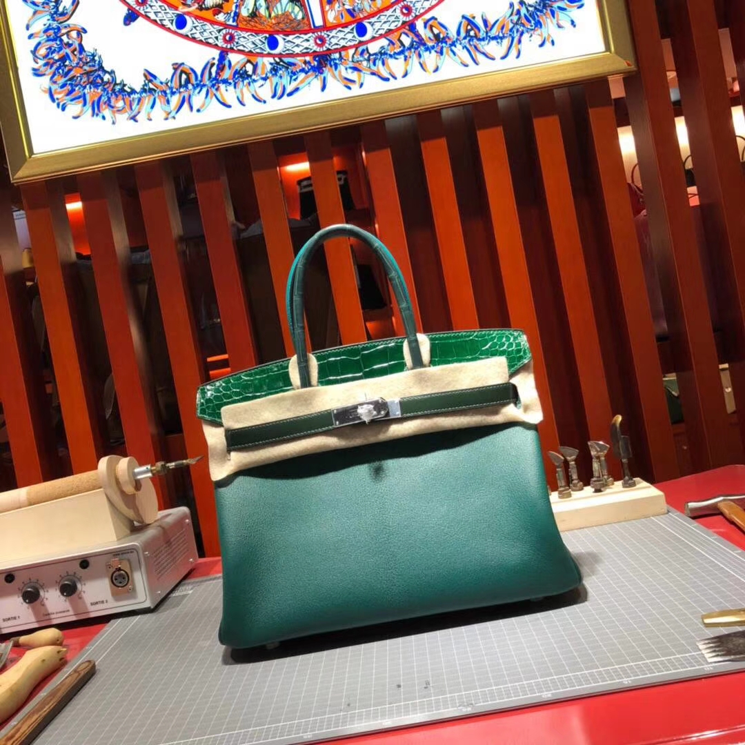 爱马仕拼色铂金包 Hermes 8拼皮6拼色鳄鱼皮Birkin30CM 银扣