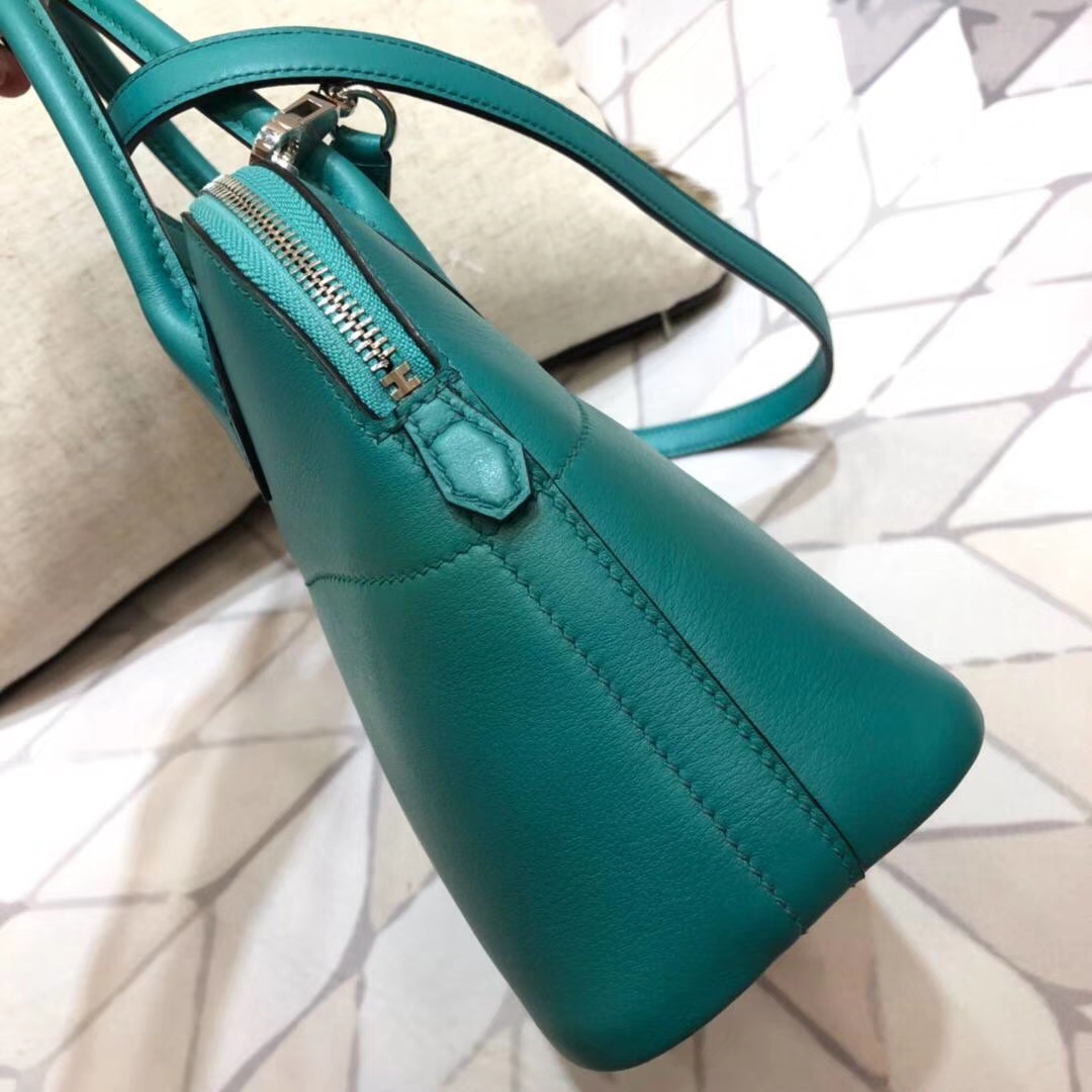 Hermes经典女包 爱马仕顶级Swift牛皮Bolide27CM保龄球包 孔雀蓝