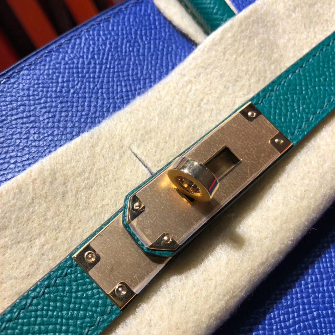 Hermes Birkin30CM 爱马仕希腊蓝拼丝绒绿手掌纹牛皮铂金包 金扣