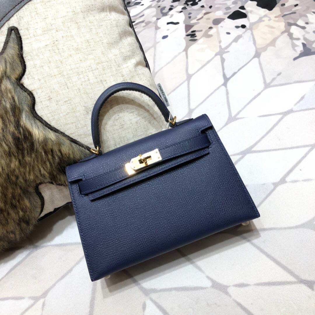 Hermes Minikelly2代 爱马仕原厂Epsom牛皮迷你凯莉包2代 宝石蓝 金扣