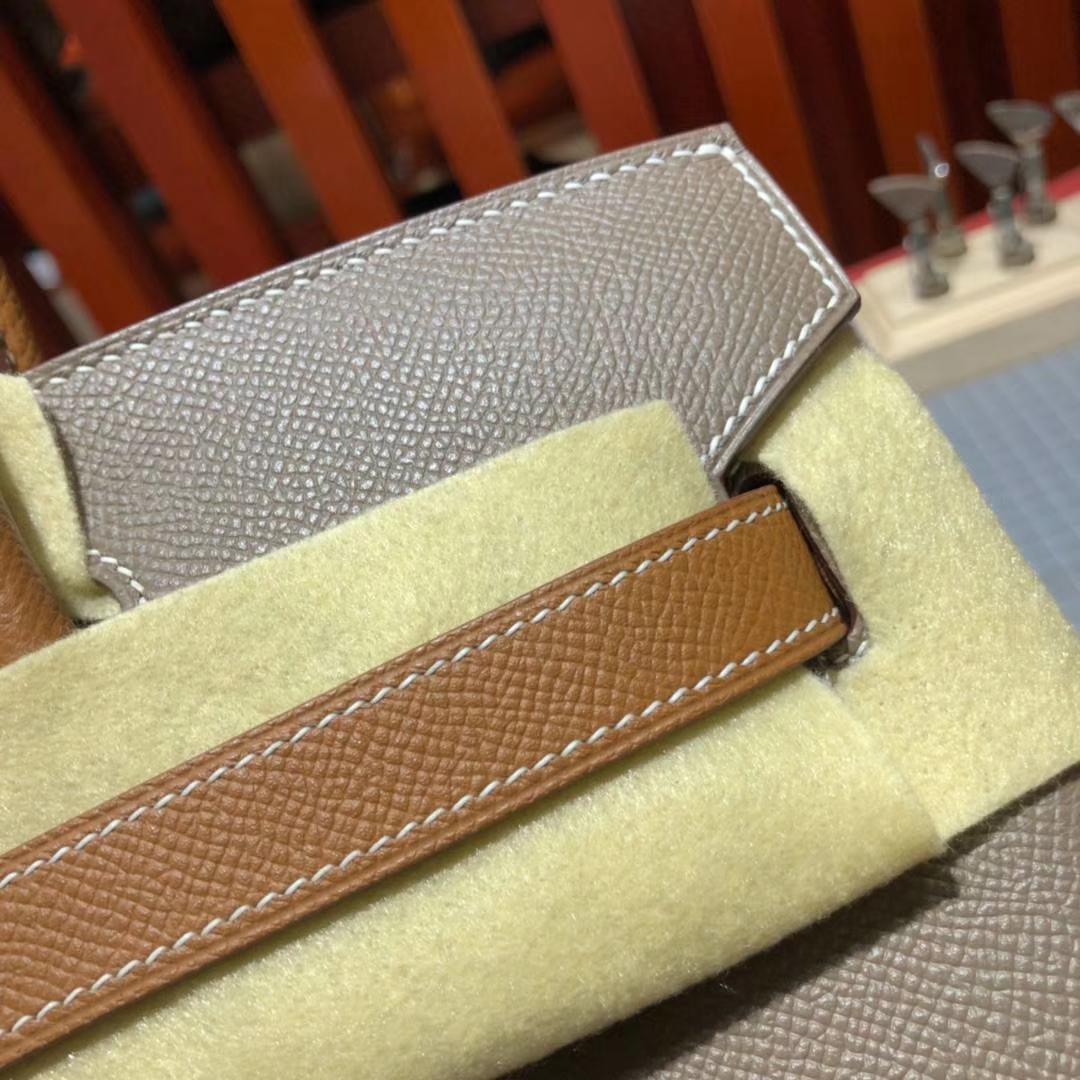 爱马仕Birkin包包 Hermes大象灰拼土黄色拼色铂金包Birkin30CM 银扣