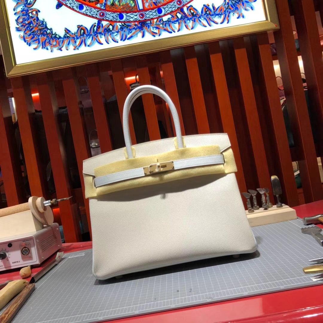 爱马仕拼色铂金包 Hermes奶昔白拼纯白色Epsom牛皮Birkin30CM 金扣