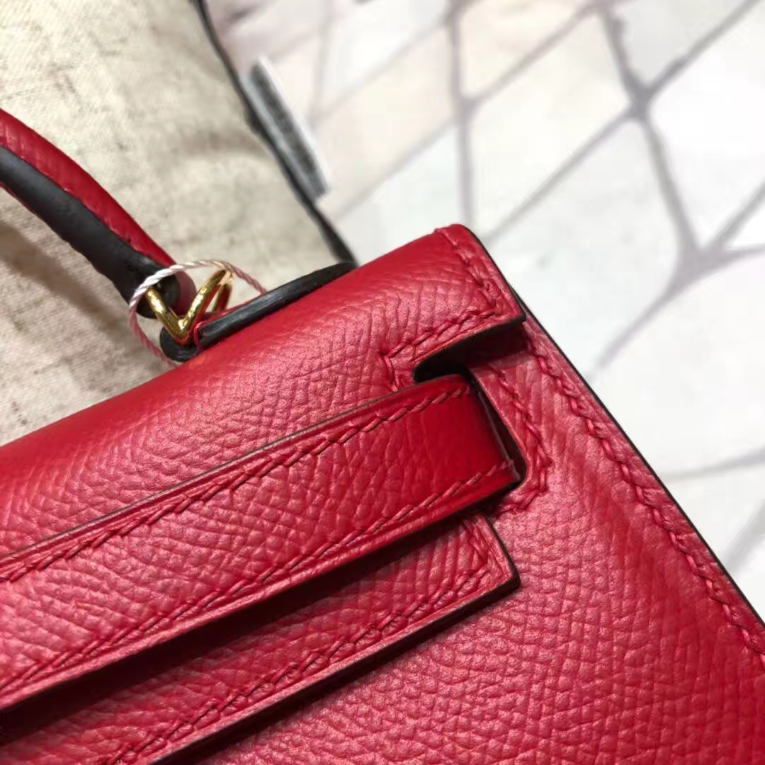 爱马仕晚宴包 Hermes Minikelly2代 中国红原厂掌纹牛皮迷你凯莉包