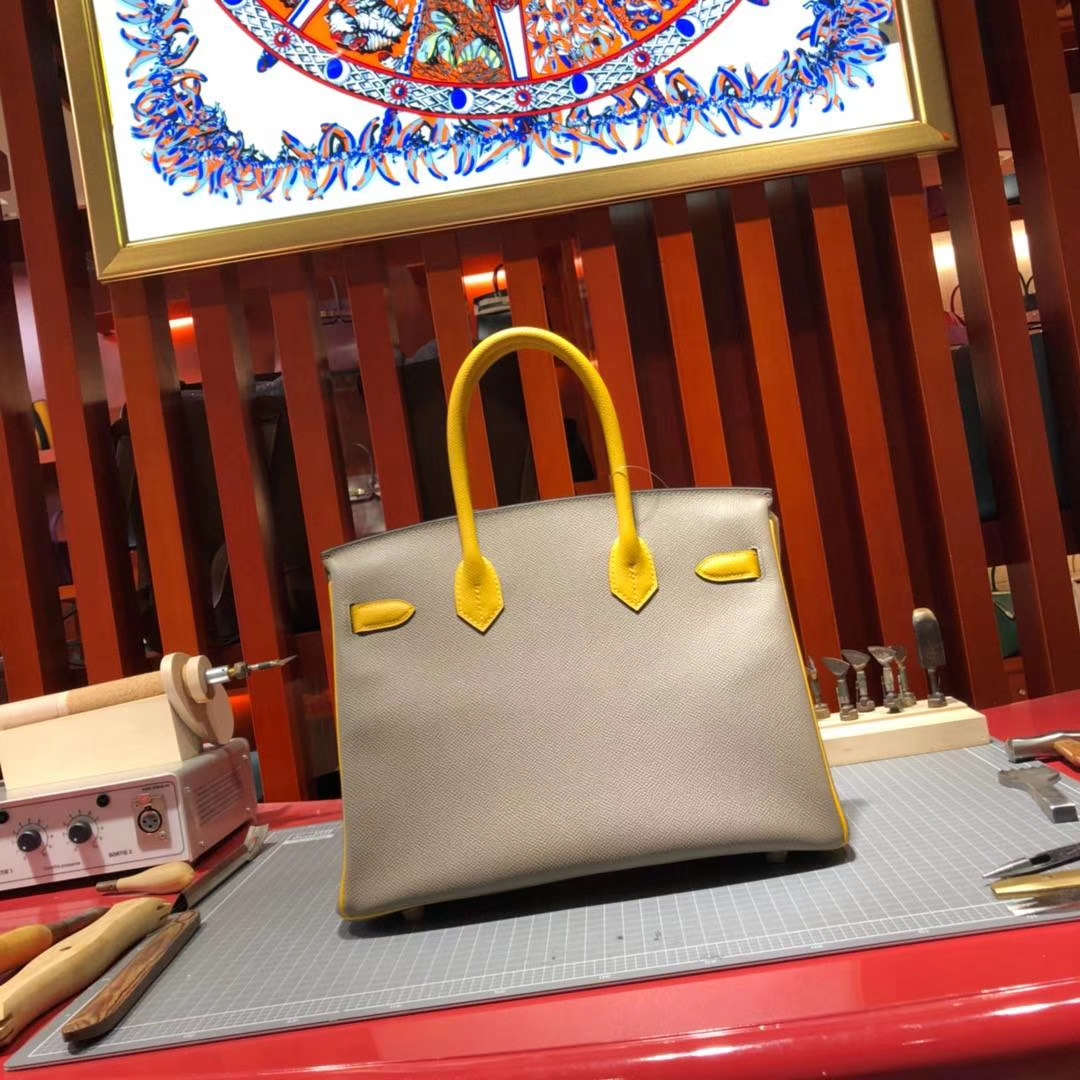Hermes Birkin30cm 爱马仕沥青灰拼琥珀黄Epsom牛皮铂金包拼色款 金扣