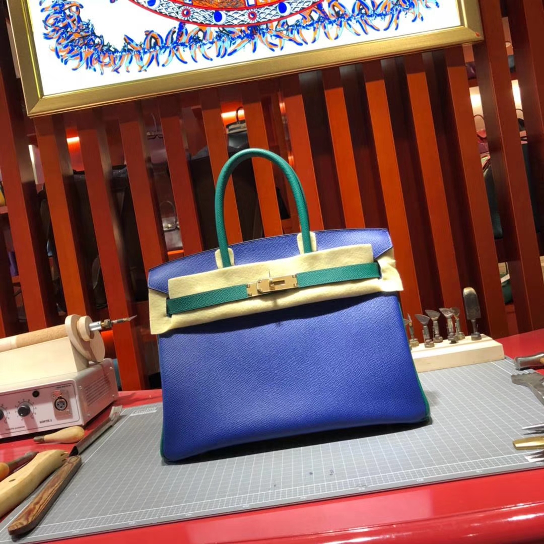 Hermes Birkin30CM 爱马仕希腊蓝拼丝绒绿手掌纹牛皮铂金包 金扣