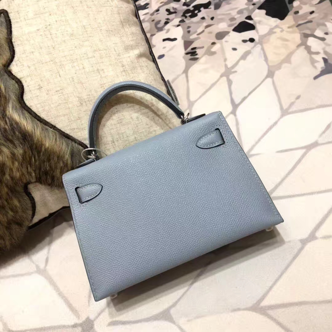 爱马仕迷你凯莉包2代 Hermes Minikelly19CM 亚麻蓝掌纹牛皮 银扣