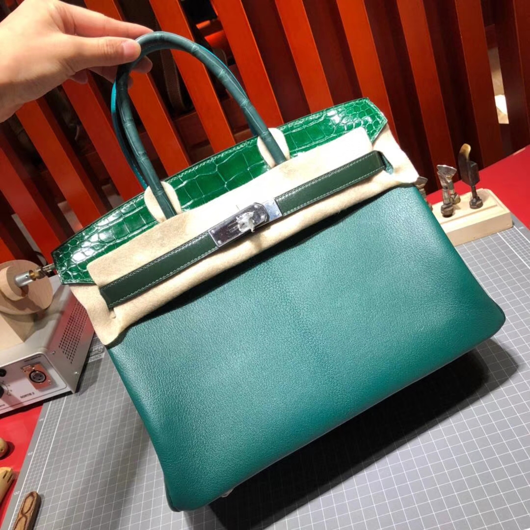 爱马仕拼色铂金包 Hermes 8拼皮6拼色鳄鱼皮Birkin30CM 银扣