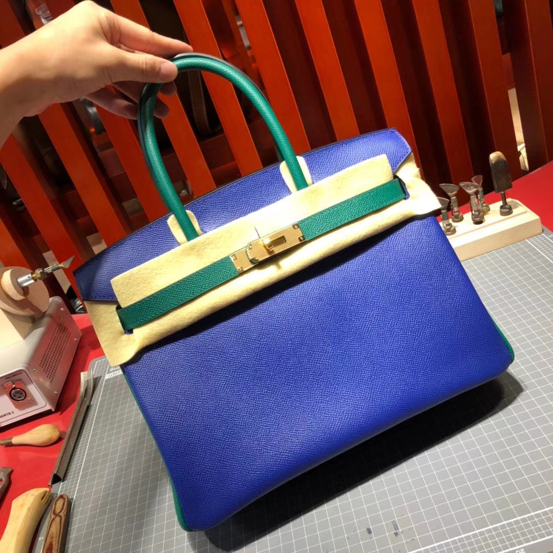Hermes Birkin30CM 爱马仕希腊蓝拼丝绒绿手掌纹牛皮铂金包 金扣