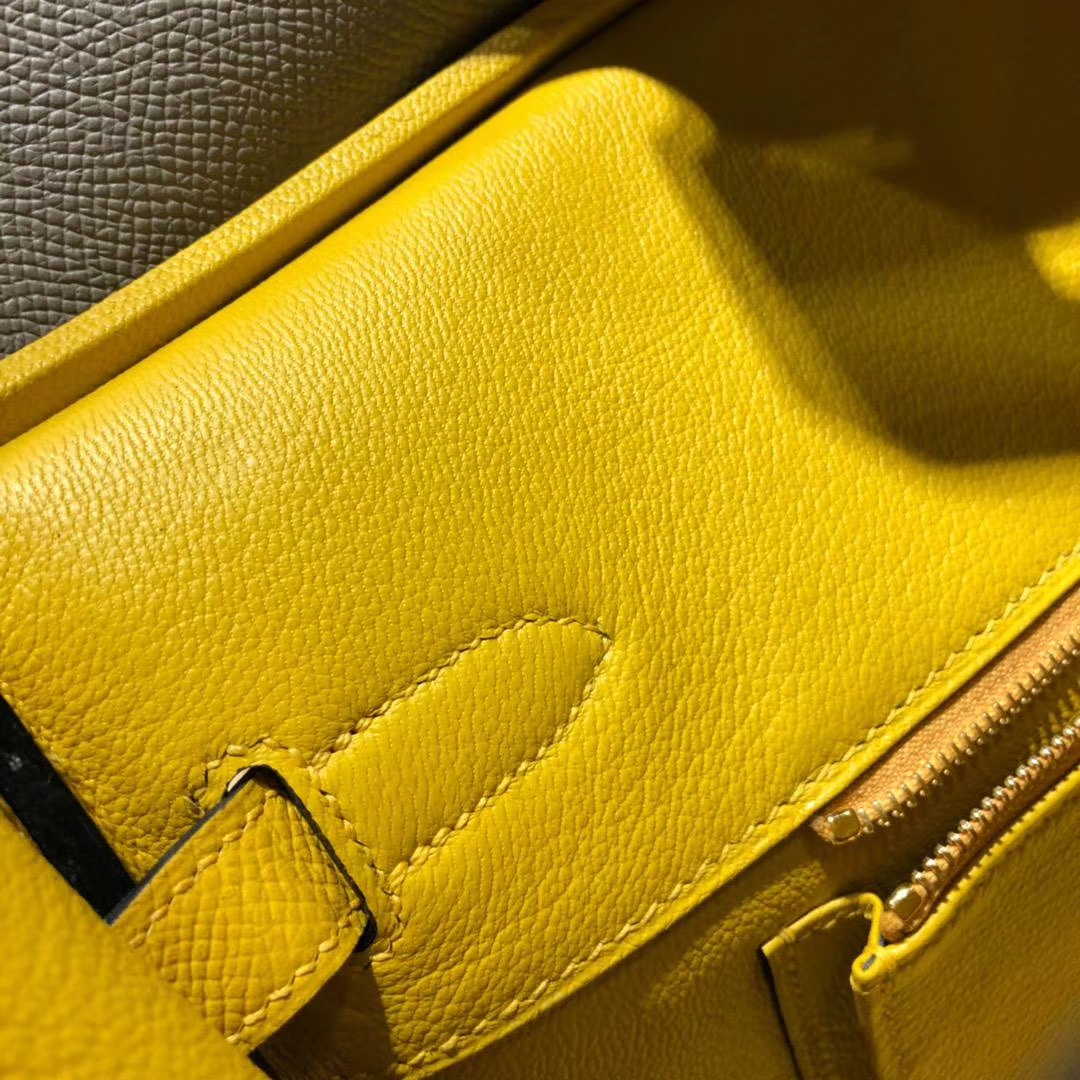 Hermes Birkin30cm 爱马仕沥青灰拼琥珀黄Epsom牛皮铂金包拼色款 金扣