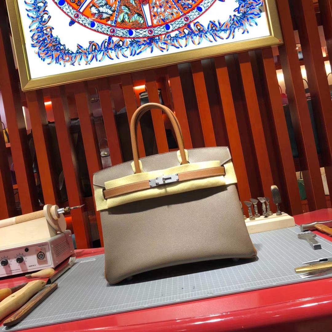 爱马仕Birkin包包 Hermes大象灰拼土黄色拼色铂金包Birkin30CM 银扣