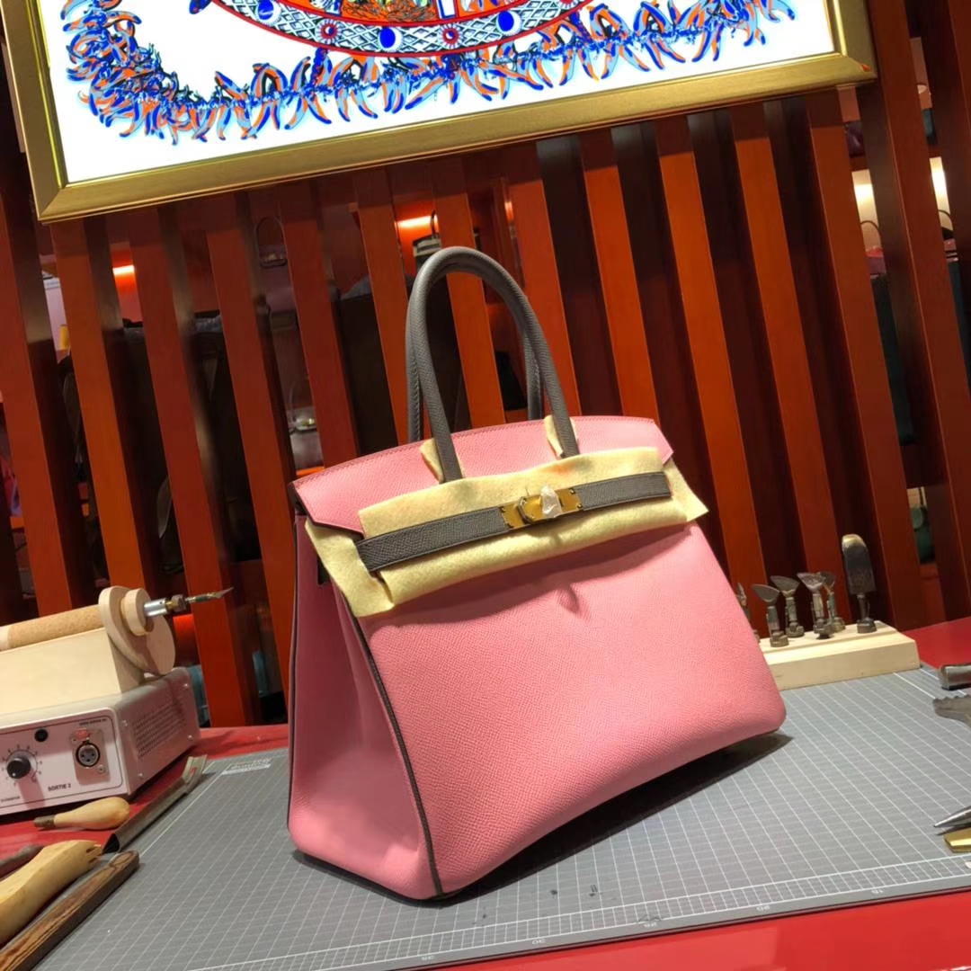 爱马仕拼色铂金包 Hermes Birkin30CM 奶昔粉拼铁灰色Epsom牛皮 金扣