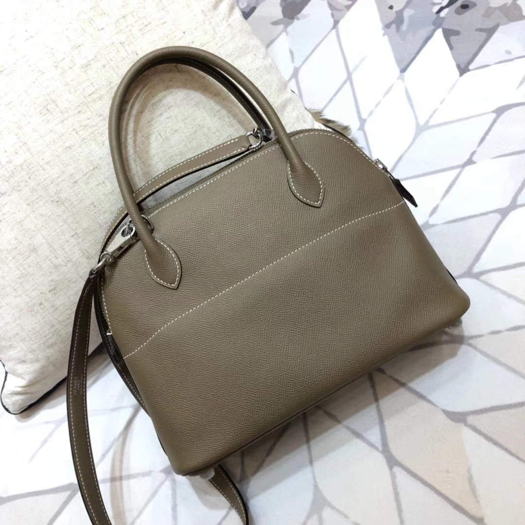Hermes包包批发 爱马仕大象灰顶级Epsom牛皮保龄球包Bolide27CM 银扣