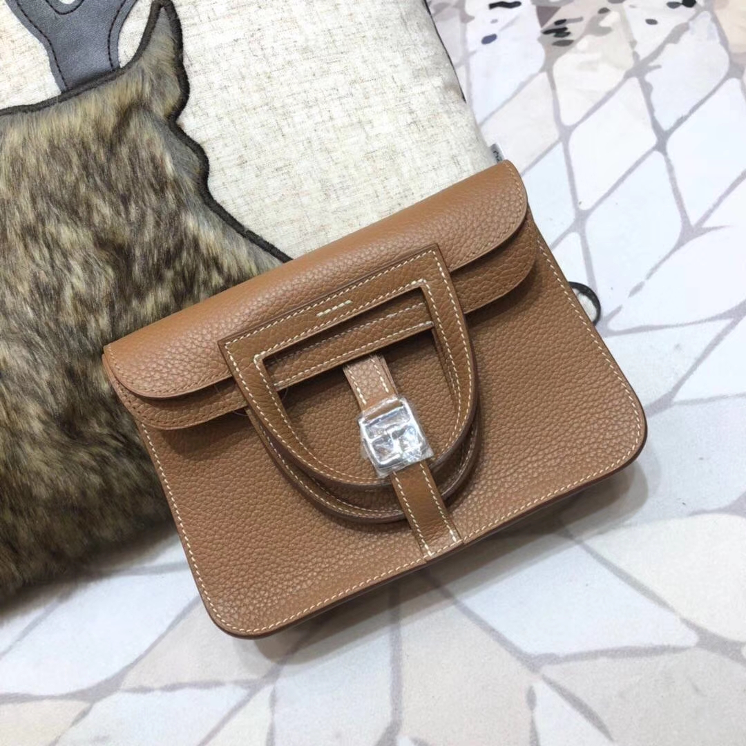 Hermes新款女包 爱马仕土黄色TC牛皮mini Halzan手提包包