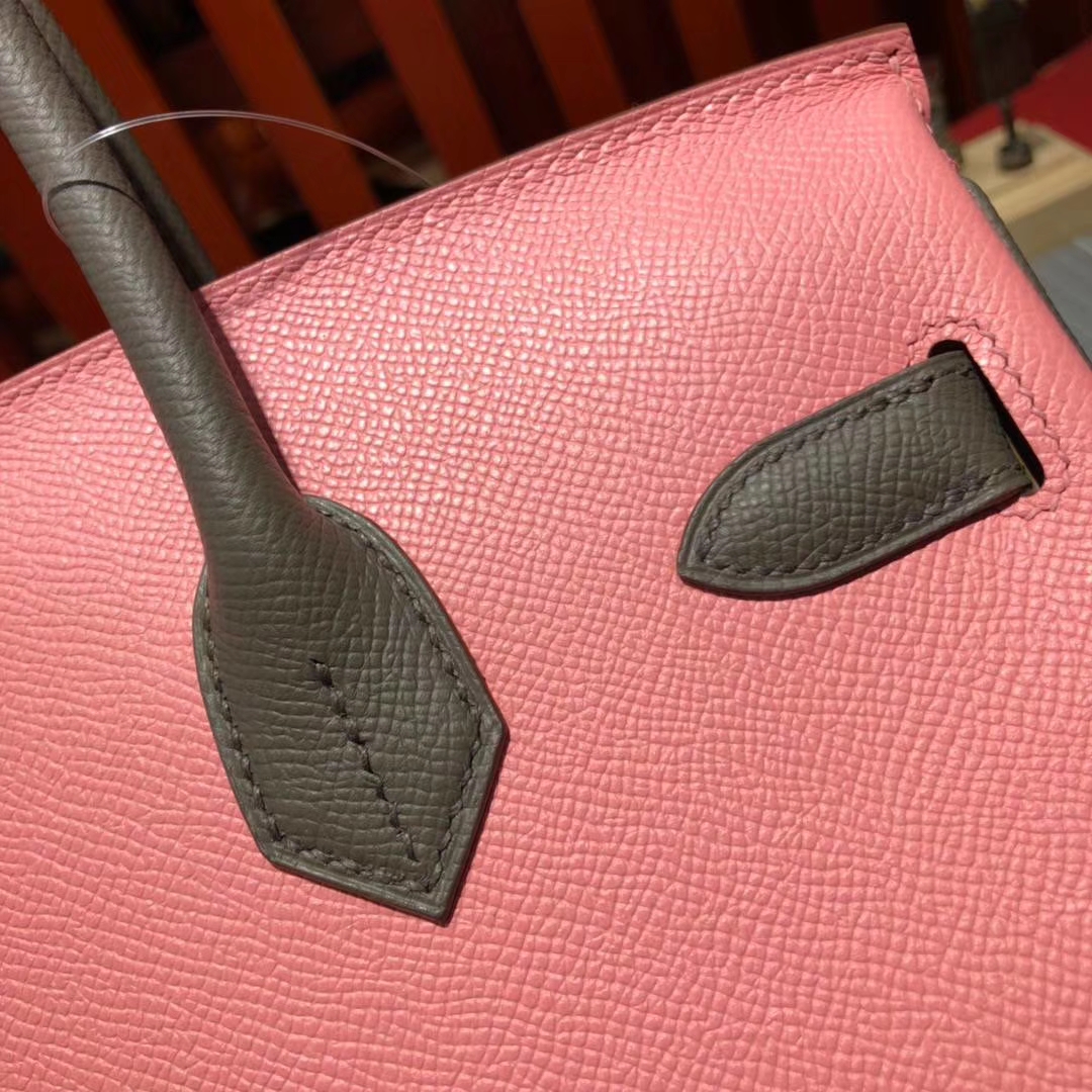 爱马仕拼色铂金包 Hermes Birkin30CM 奶昔粉拼铁灰色Epsom牛皮 金扣