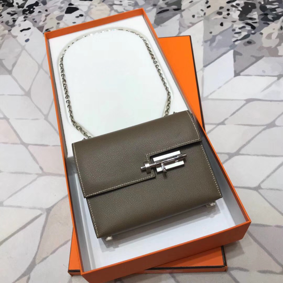 爱马仕手枪包 Hermes Verrou18CM 大象灰Epsom牛皮单肩女包