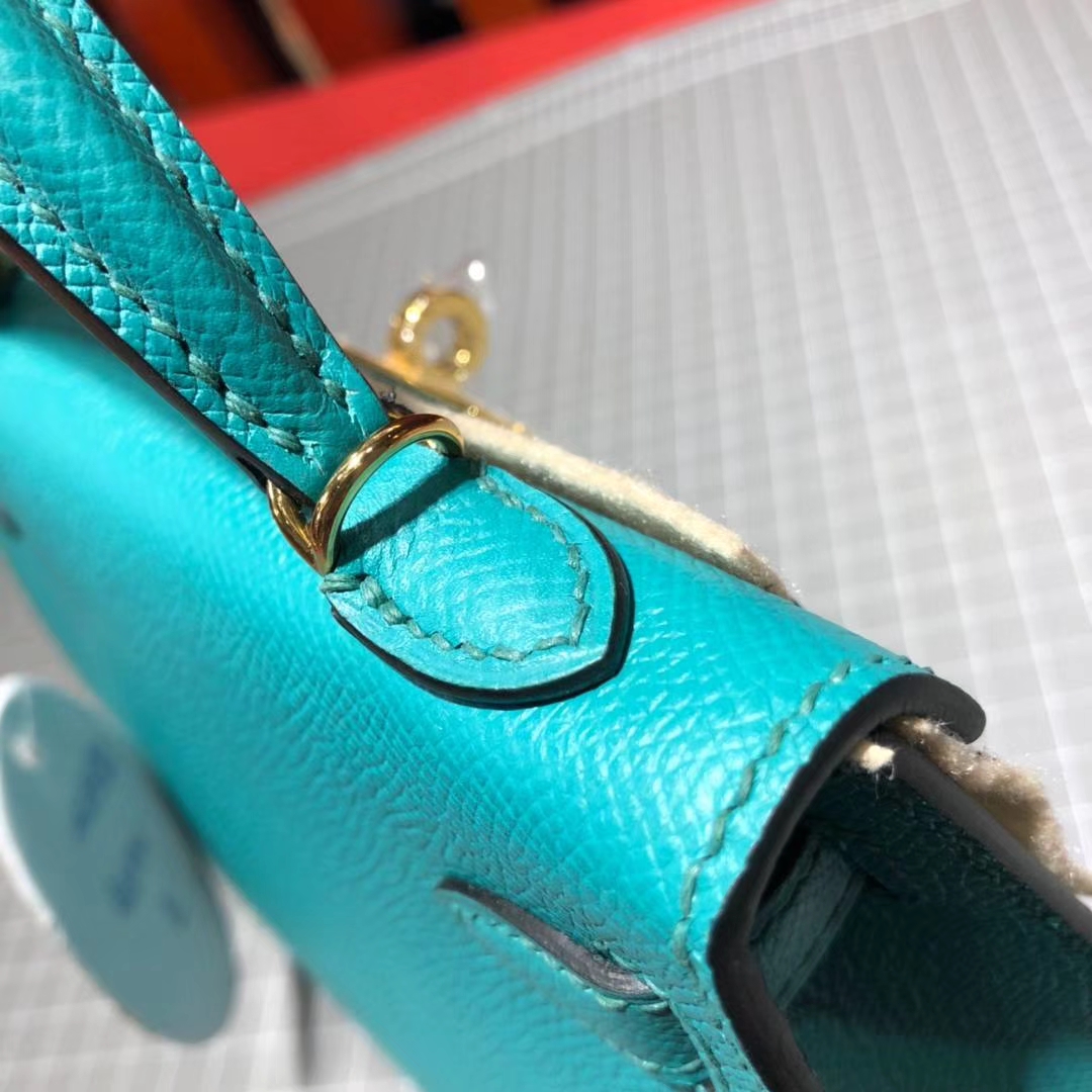 爱马仕迷你凯莉包2代 Hermes Minikelly2代 孔雀蓝原厂Epsom牛皮 金扣