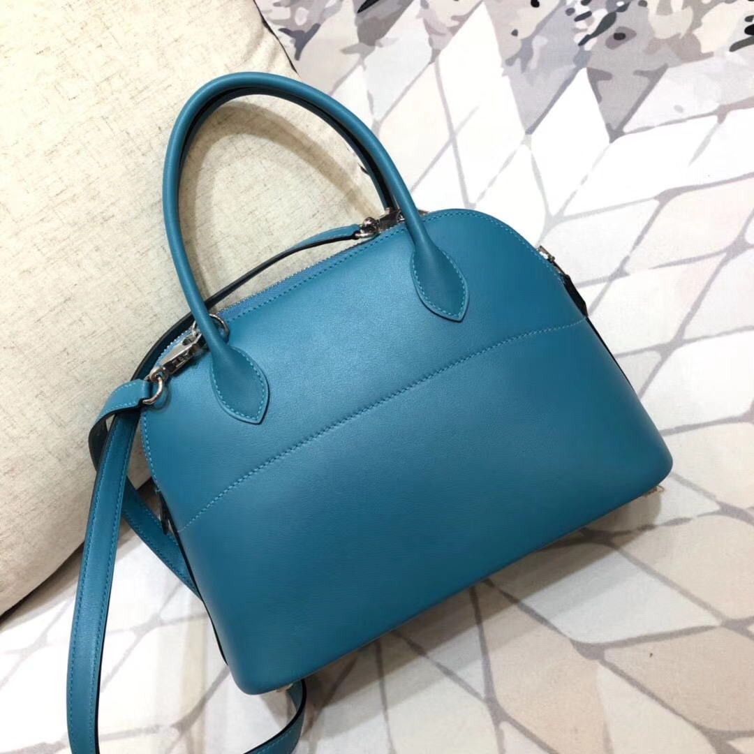 爱马仕保龄球包 Hermes伊滋密尔蓝顶级Swift牛皮Bolide女包27CM 银扣