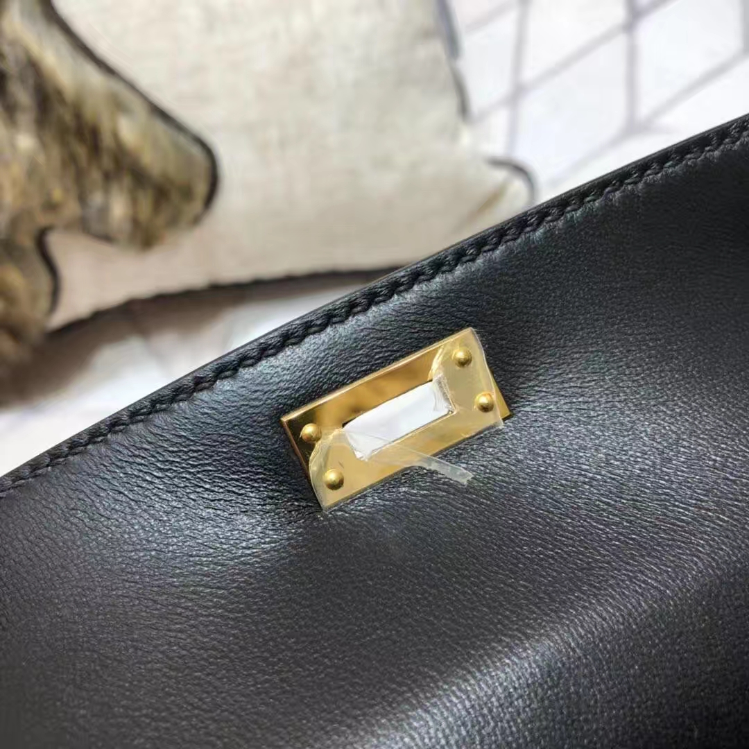Hermes Minikelly2代 爱马仕黑色原厂Epsom牛皮迷你凯莉包2代手包 金扣