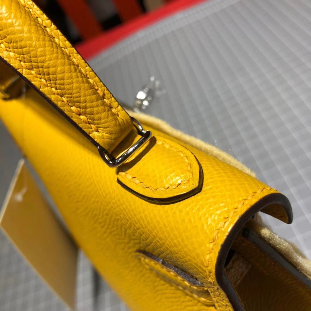 爱马仕包包官网 Hermes Minikelly2代 琥珀黄原厂Epsom牛皮迷你凯莉包2代