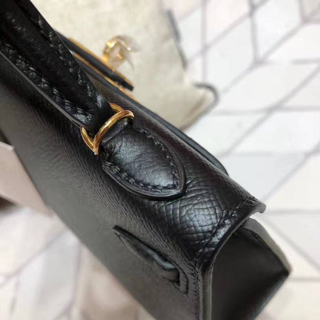 Hermes Minikelly2代 爱马仕黑色原厂Epsom牛皮迷你凯莉包2代手包 金扣
