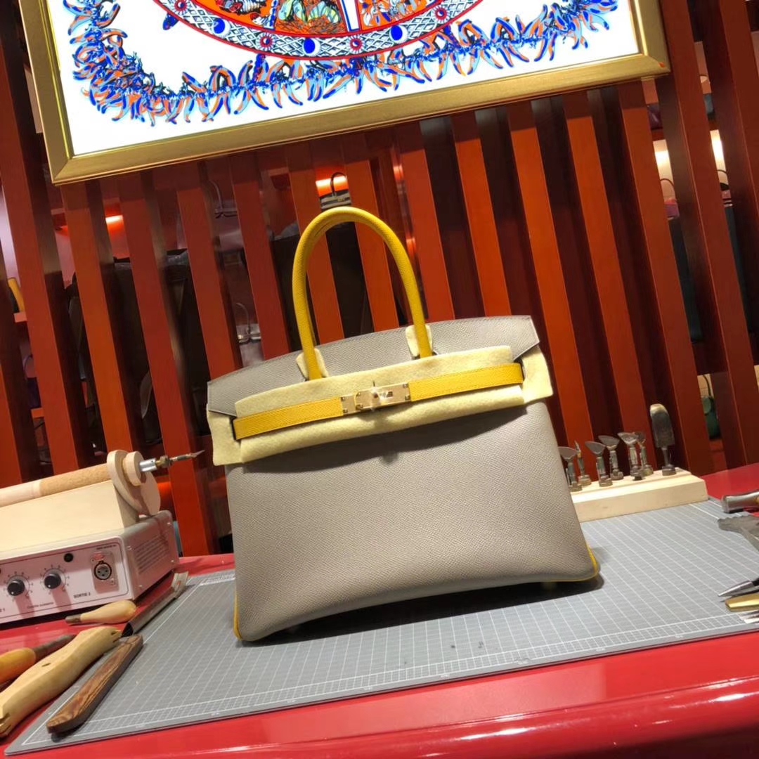 Hermes Birkin30cm 爱马仕沥青灰拼琥珀黄Epsom牛皮铂金包拼色款 金扣