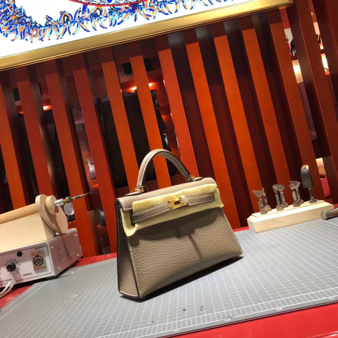 Hermes Minikelly2代 爱马仕顶级山羊皮迷你凯莉包2代19CM 大象灰 金扣
