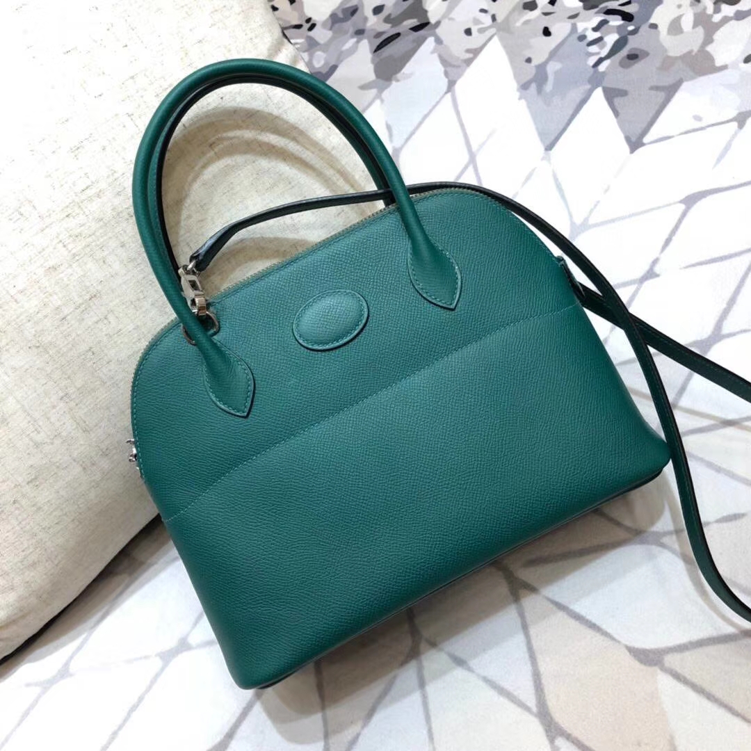 爱马仕保龄球包价格 Hermes Bolide27CM 孔雀绿顶级掌纹牛皮手提女包 银扣