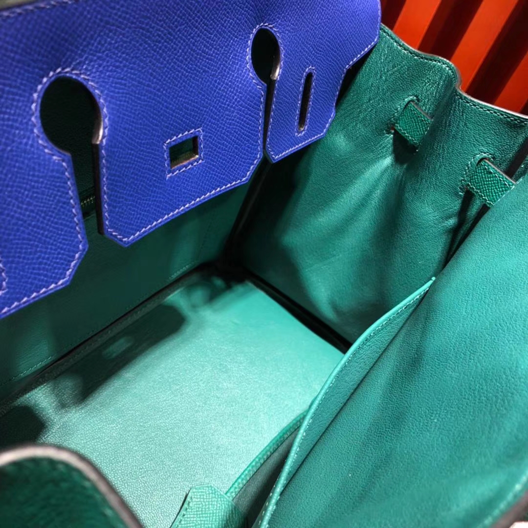 Hermes Birkin30CM 爱马仕希腊蓝拼丝绒绿手掌纹牛皮铂金包 金扣