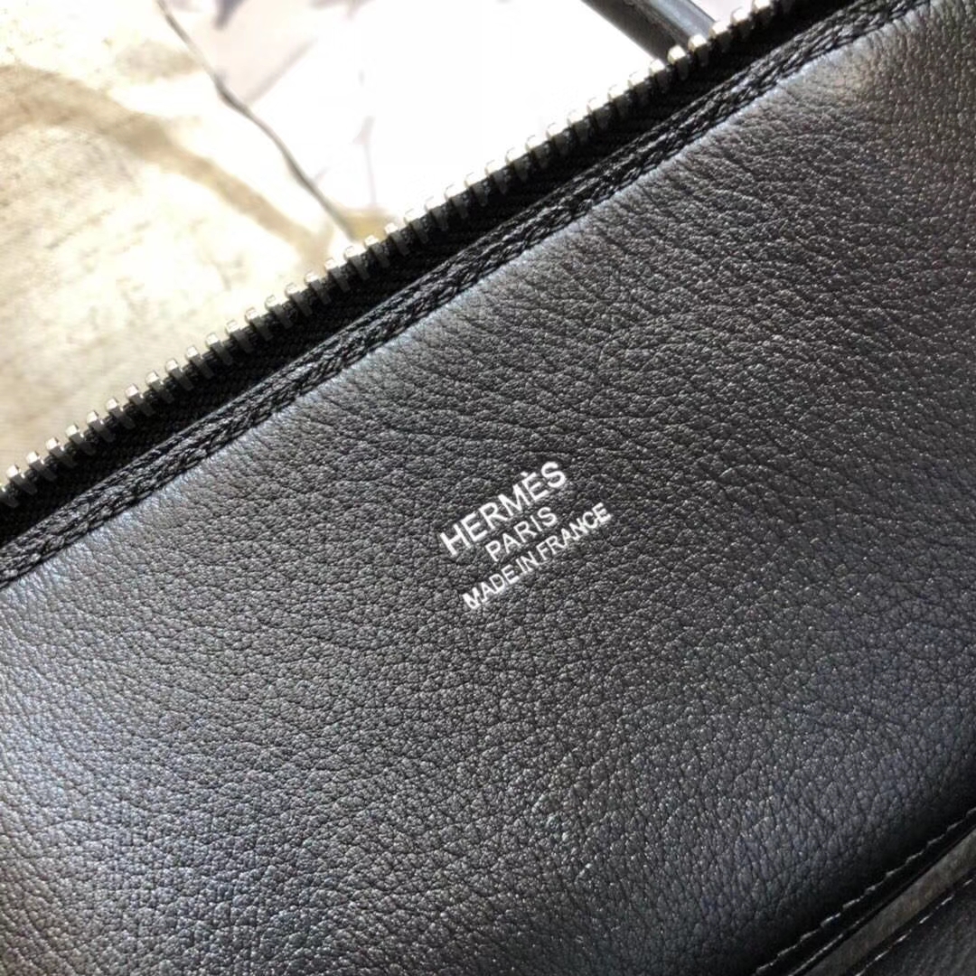 爱马仕包包官网 Hermes爱马仕黑色Swift牛皮保龄球包Bolide27CM 银扣