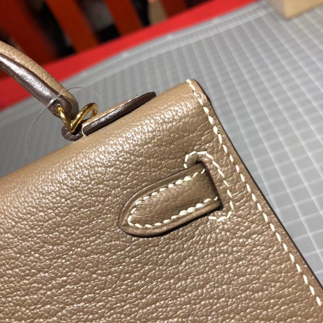Hermes Minikelly2代 爱马仕顶级山羊皮迷你凯莉包2代19CM 大象灰 金扣