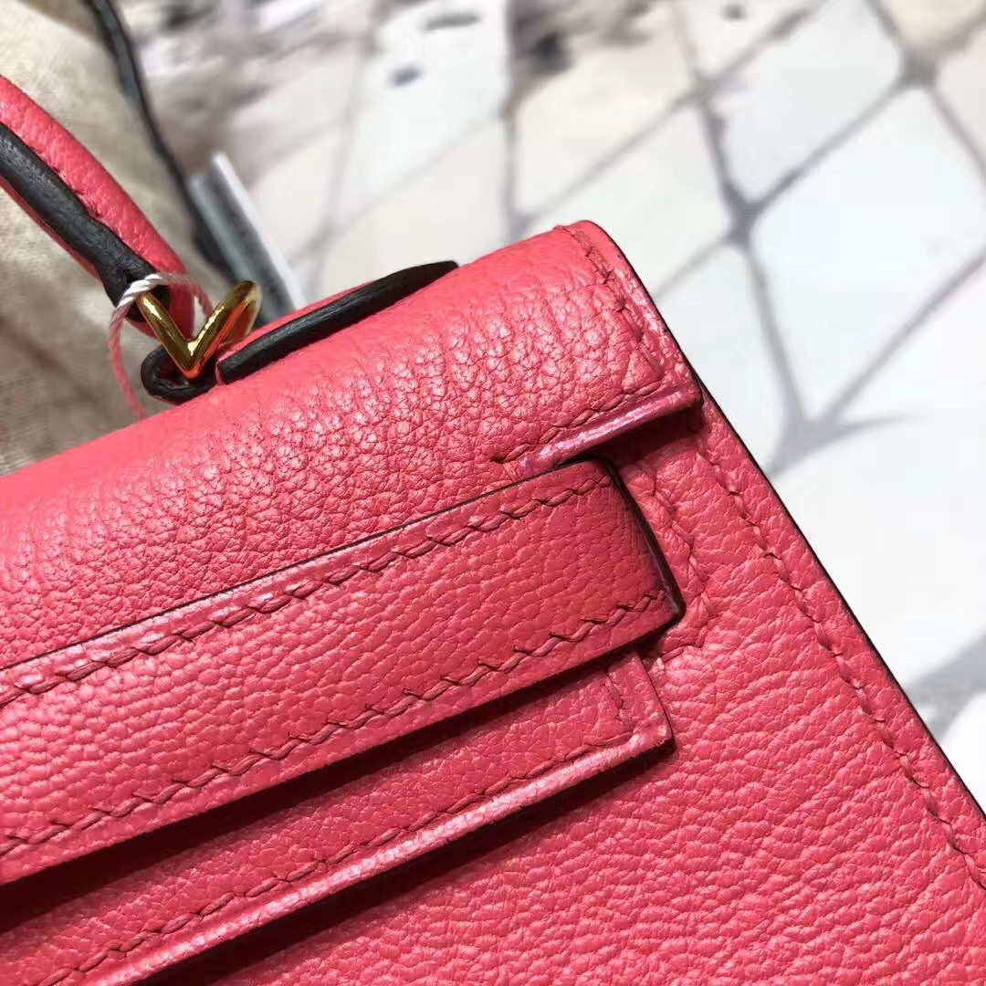 爱马仕迷你凯莉包2代 Hermes Minikelly19CM 唇膏粉原厂山羊皮 金扣