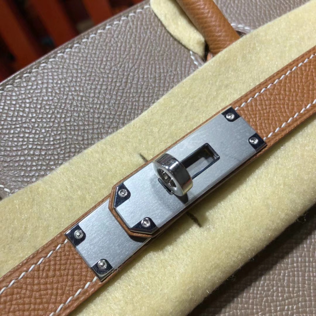 爱马仕Birkin包包 Hermes大象灰拼土黄色拼色铂金包Birkin30CM 银扣
