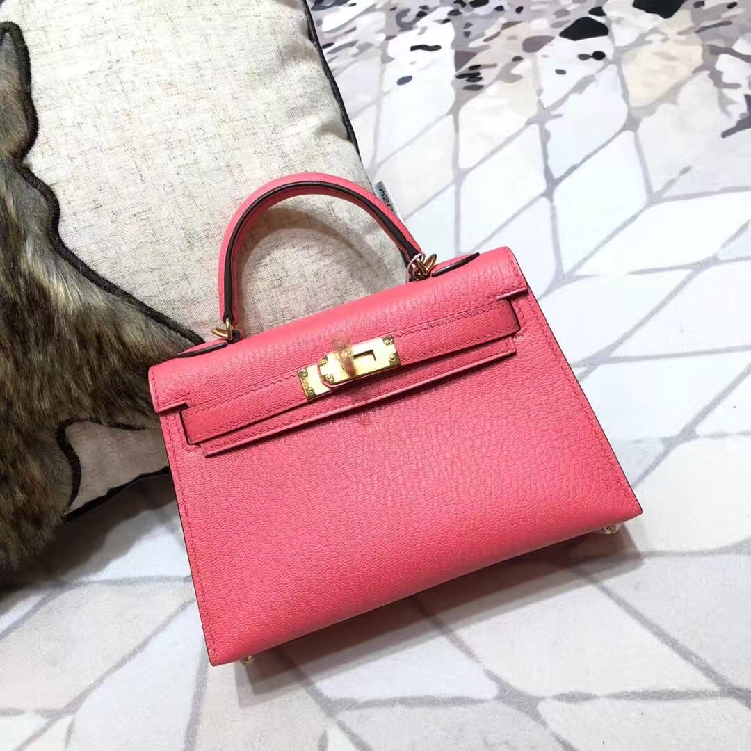 爱马仕迷你凯莉包2代 Hermes Minikelly19CM 唇膏粉原厂山羊皮 金扣
