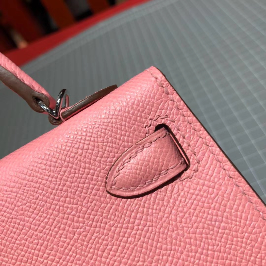 爱马仕包包官网 Hermes Minikelly2代 奶昔粉色顶级Epsom牛皮迷你凯莉包 银扣