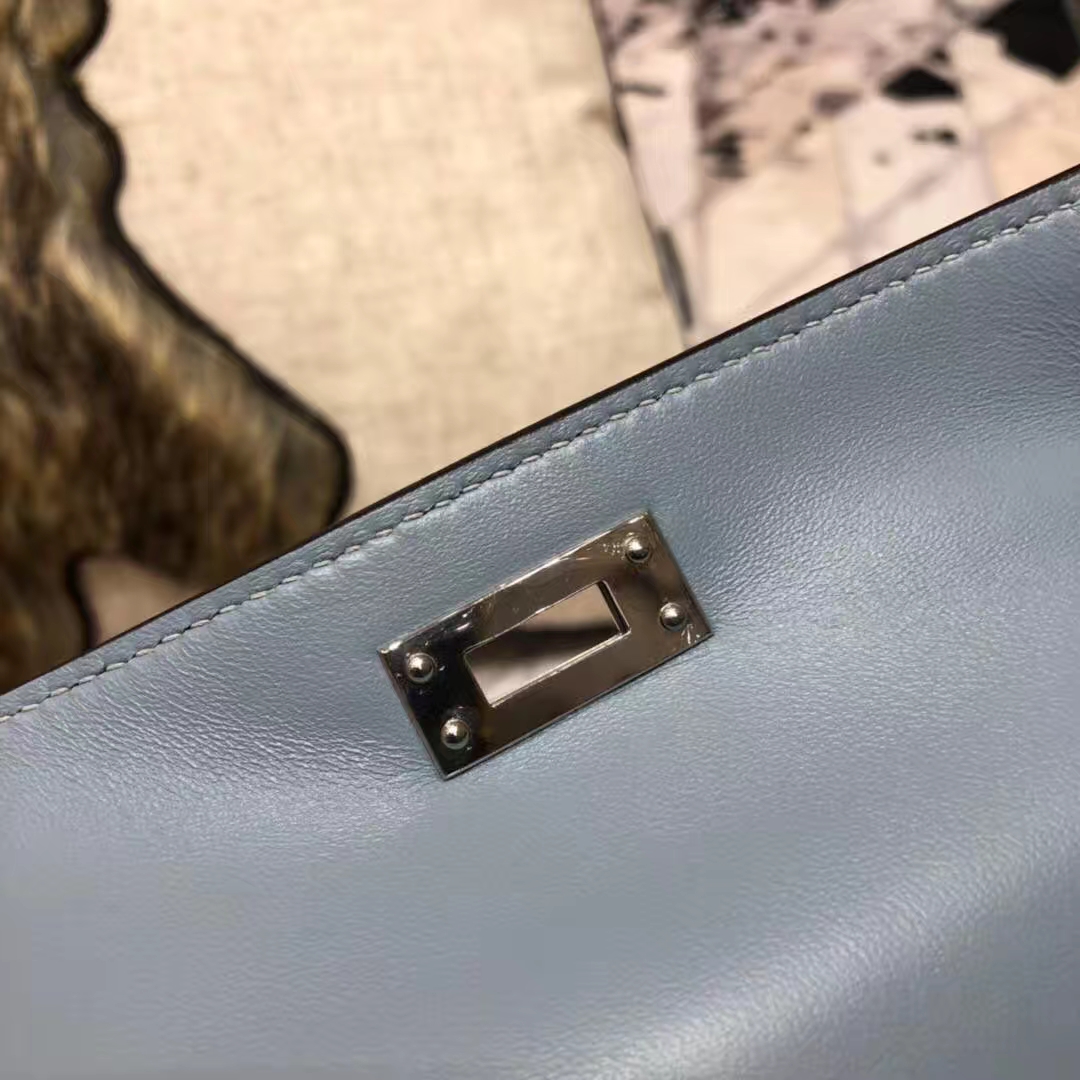 爱马仕迷你凯莉包2代 Hermes Minikelly19CM 亚麻蓝掌纹牛皮 银扣
