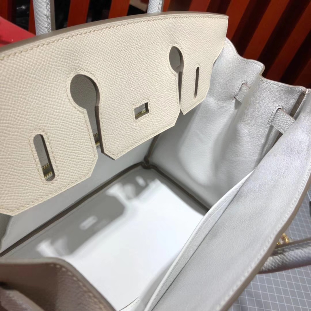 爱马仕拼色铂金包 Hermes奶昔白拼纯白色Epsom牛皮Birkin30CM 金扣