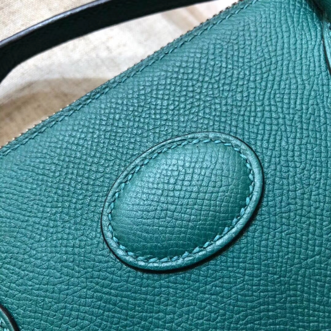 爱马仕保龄球包价格 Hermes Bolide27CM 孔雀绿顶级掌纹牛皮手提女包 银扣