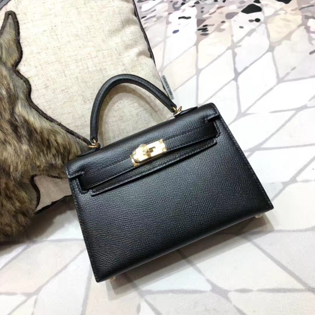 Hermes Minikelly2代 爱马仕黑色原厂Epsom牛皮迷你凯莉包2代手包 金扣
