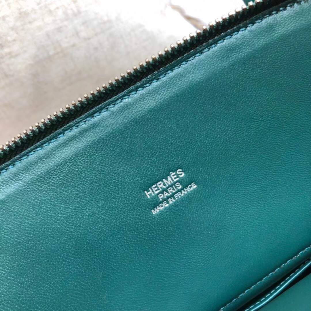 爱马仕保龄球包价格 Hermes Bolide27CM 孔雀绿顶级掌纹牛皮手提女包 银扣