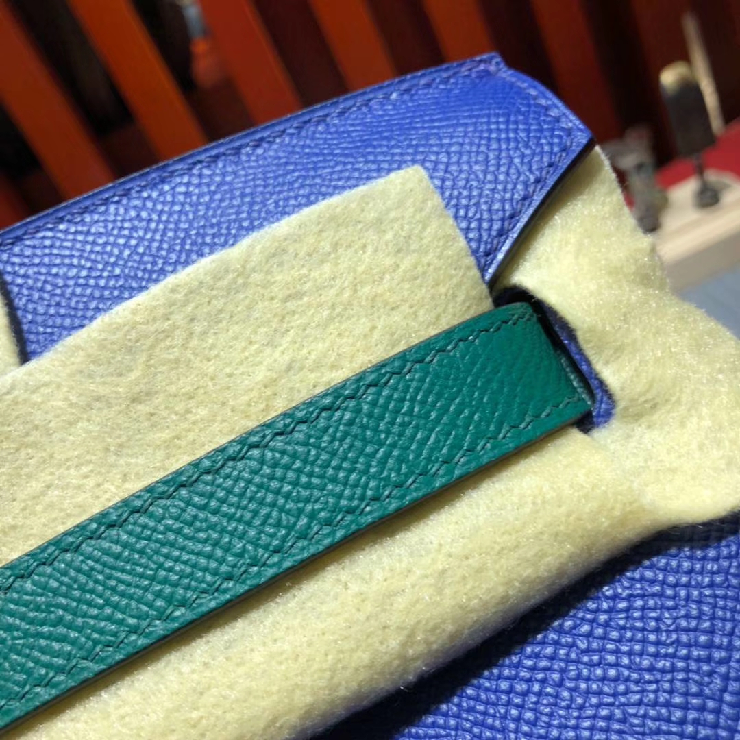 Hermes Birkin30CM 爱马仕希腊蓝拼丝绒绿手掌纹牛皮铂金包 金扣