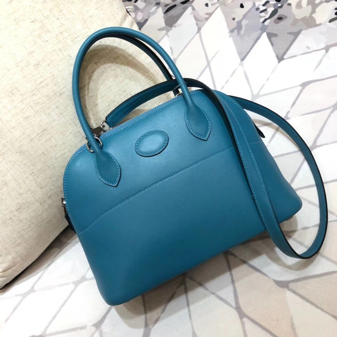 爱马仕保龄球包 Hermes伊滋密尔蓝顶级Swift牛皮Bolide女包27CM 银扣
