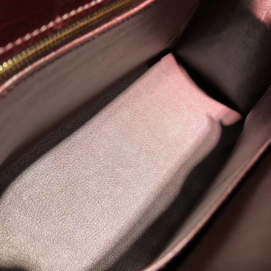 Hermes Kelly28CM 爱马仕波尔多酒红亮光尼罗鳄鱼皮凯莉包 金扣