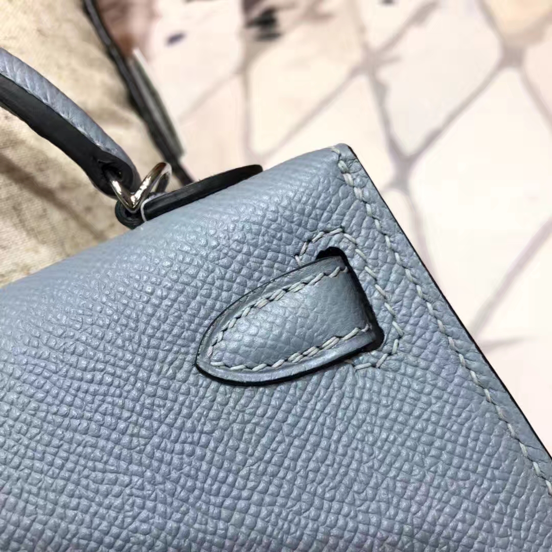 爱马仕迷你凯莉包2代 Hermes Minikelly19CM 亚麻蓝掌纹牛皮 银扣